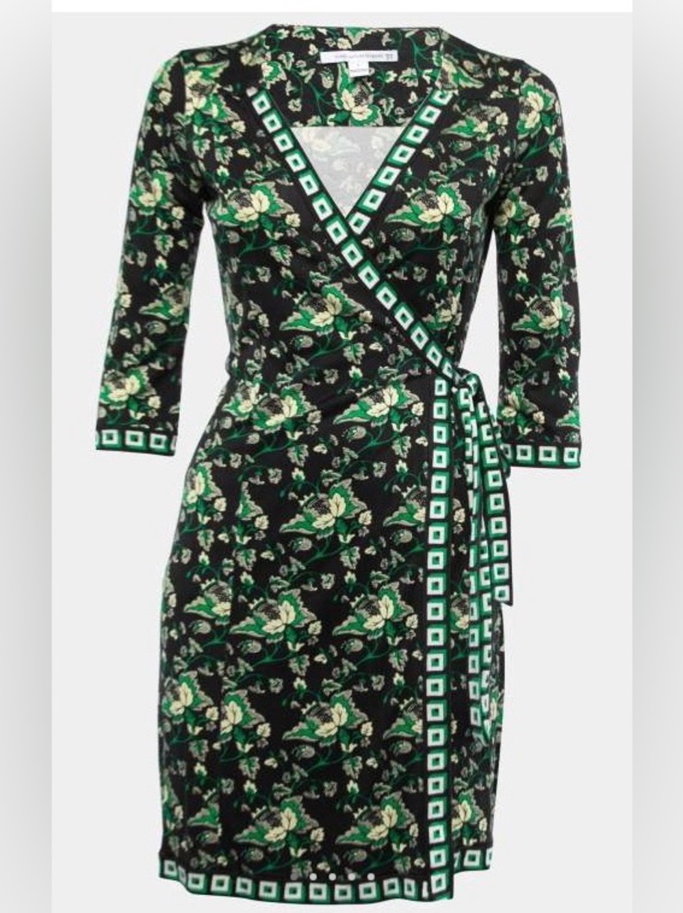 Diane Von Furstenberg Black/Green Silk Wrap Dress (Sz 2) Ptp 17”-19” NWT